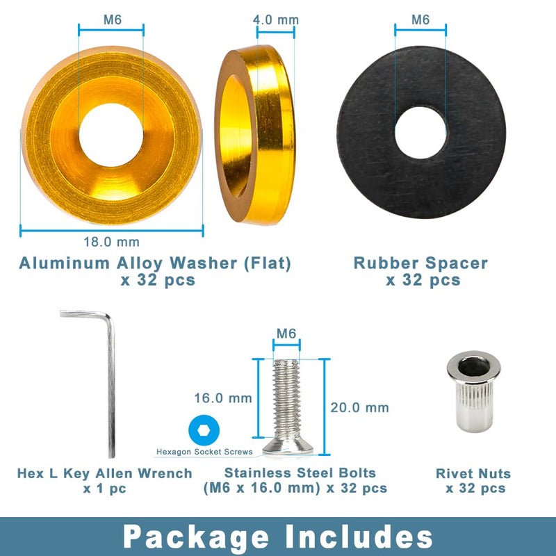 Rolling Gears M6 Gold Flat Anodized Aluminum Washer Bolt Kit, 32-Piece Hardware Kit for Widebody, Fender Flares, Bumpers, Mud Flaps and Engine Bay Dress-Up - Image 5